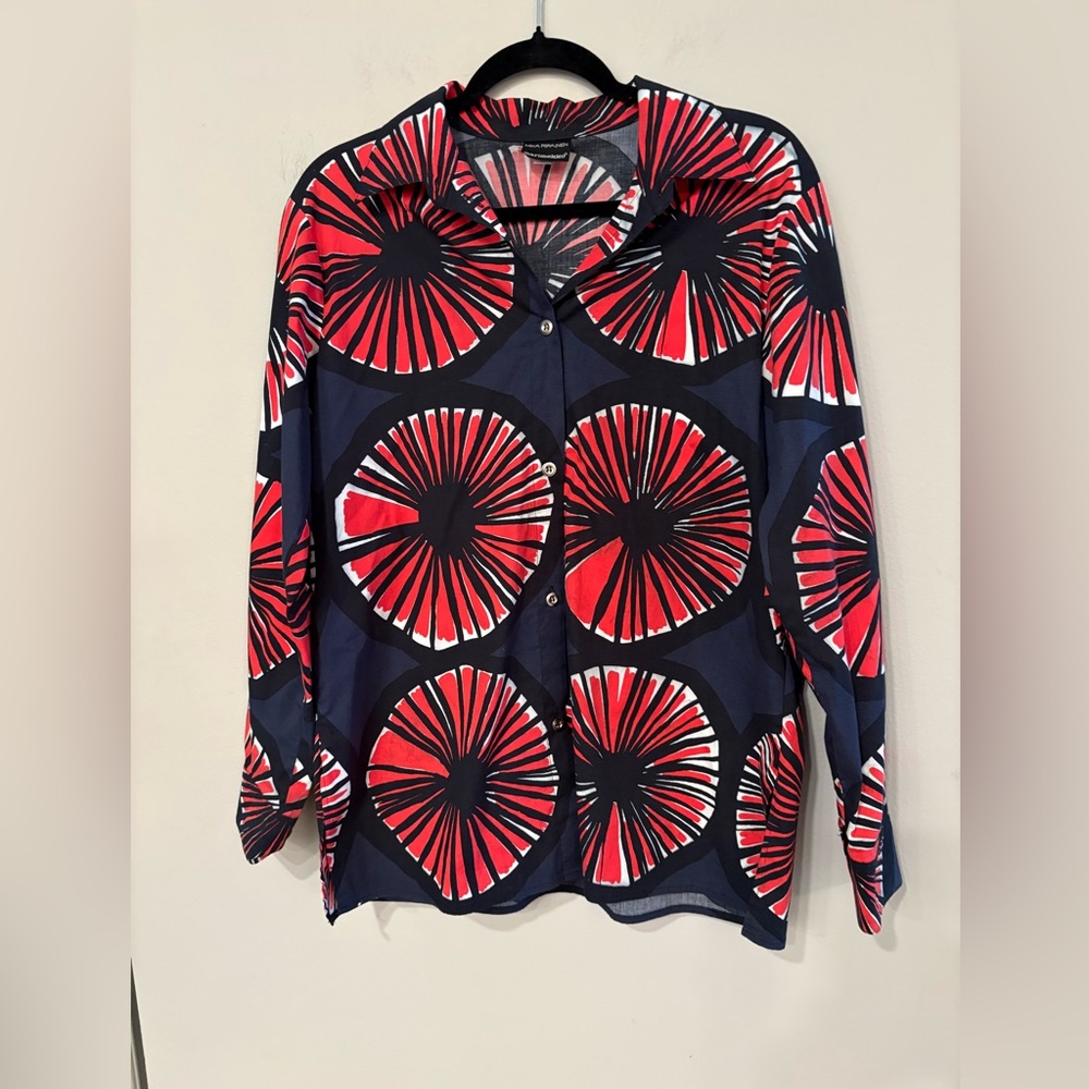 Marimekko Navy Blue and Red Graphic Button-Down Shirt